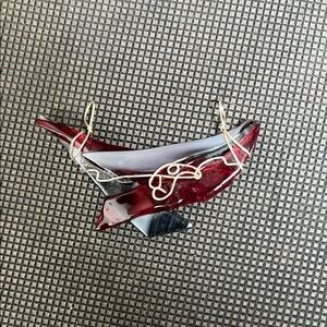 Red and Grey Fused Glass Wire-Wrapped Geometric Pendant